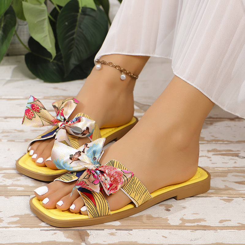 Ribbon Bow Sandals Summer New Square Toe Low Heel Sandal For Women Slides Fashion Casual Beach Shoes