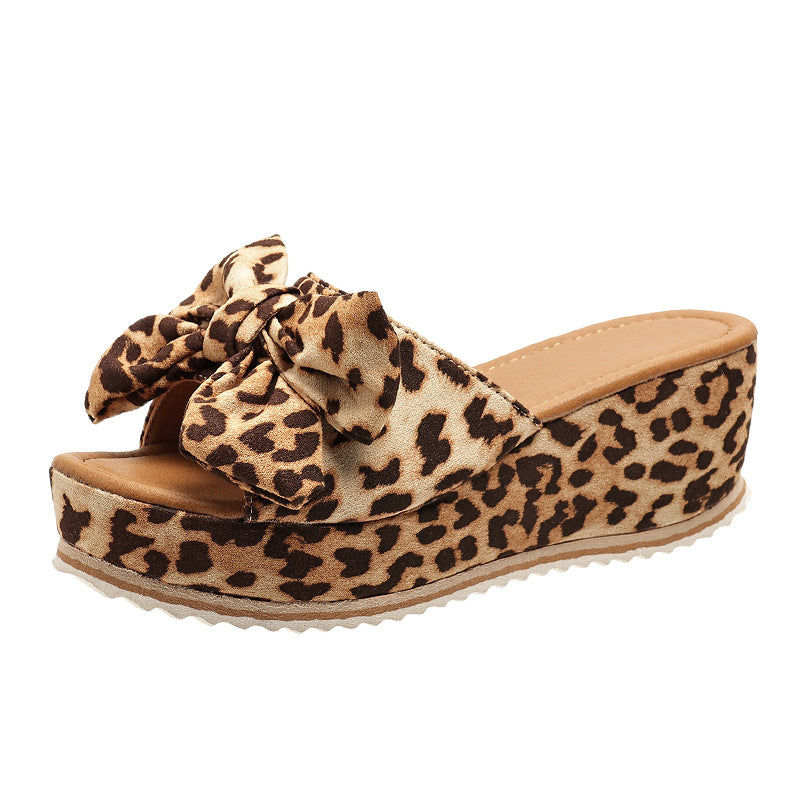 Fashion Bow Leopard Print Wedge Slippers For Women New Thick-sole High Heel Flat Shoes Summer Outdoor Fish Mouth Slippers