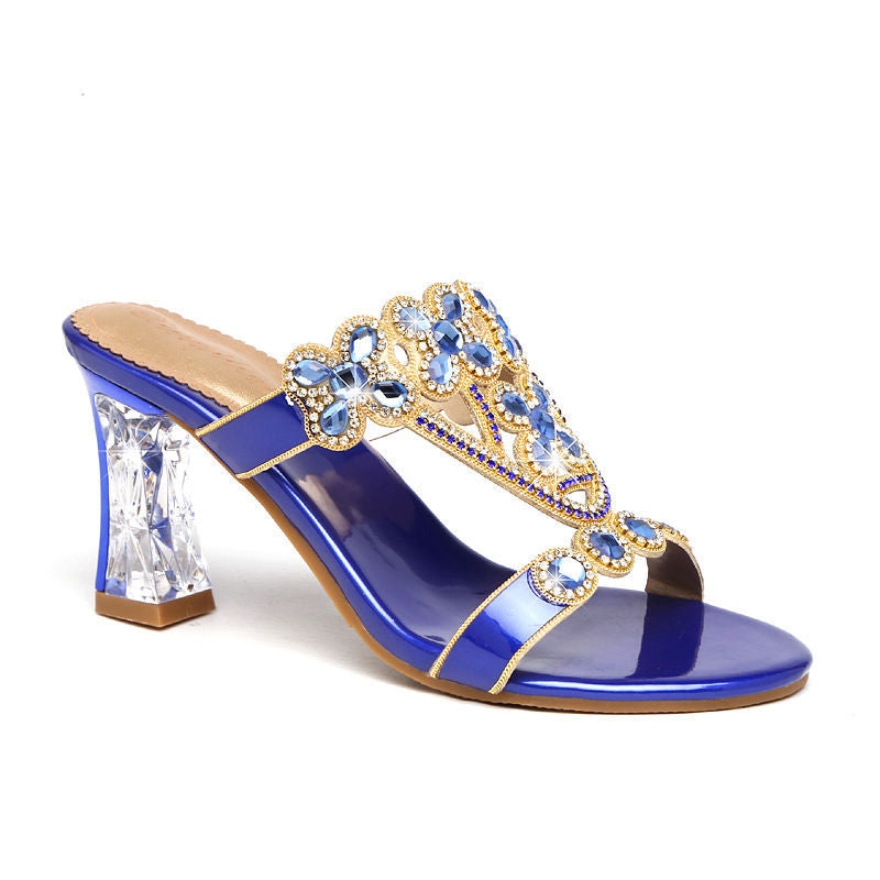 High-heeled Rhinestone Sandals Fashion Block-heeled Diamond Flower Sandals