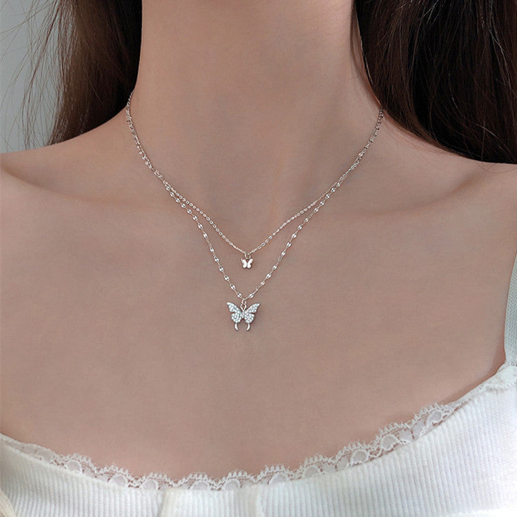 Fashion Jewelry Elegant Silver Color Shiny Butterfly Necklaces Ladies Exquisite Double Layer Clavicle Chain Necklace Jewelry Gift