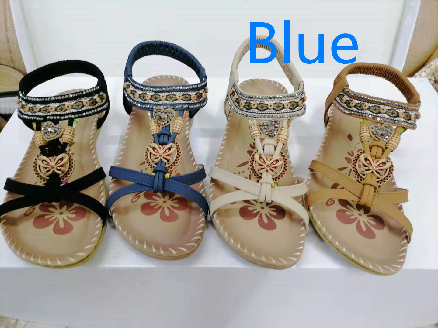 Large Size Flat Sandals Flower Rhinestone Sandals Beach Shoes