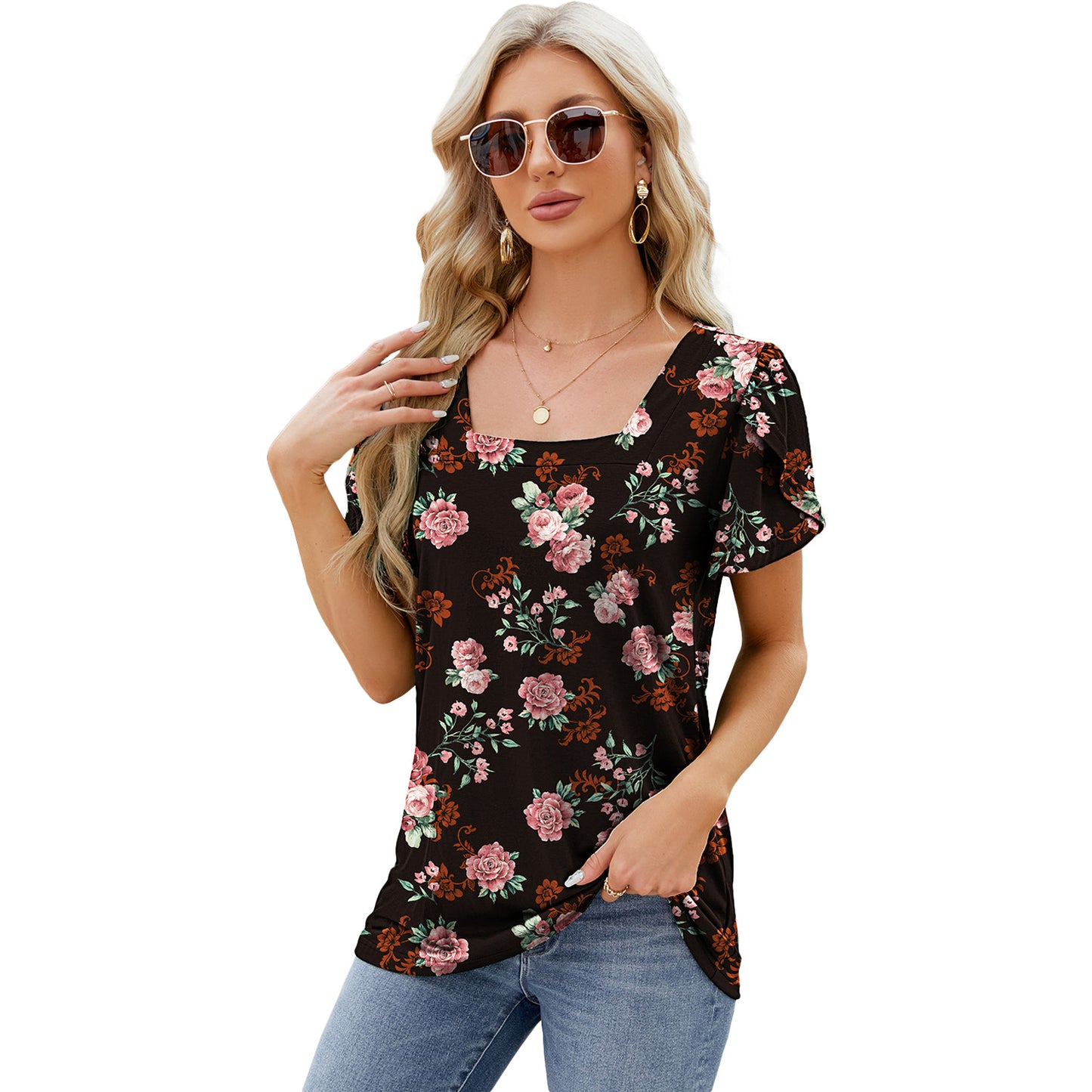 Summer Top Fashion Square Neck Printed Short-sleeved T-shirt With Petal Sleeve Design Bohemian Beach Loose T-shirt For Womens Clothing