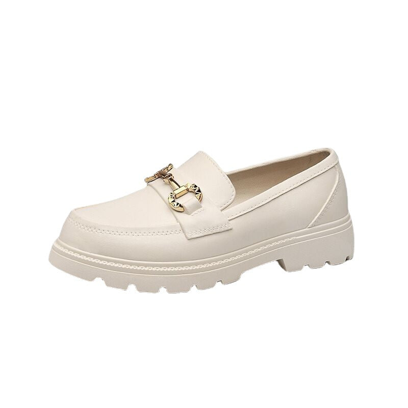 Women's British Style Retro Small Golden Button Round Toe PVC Slip-on Platform Shoes