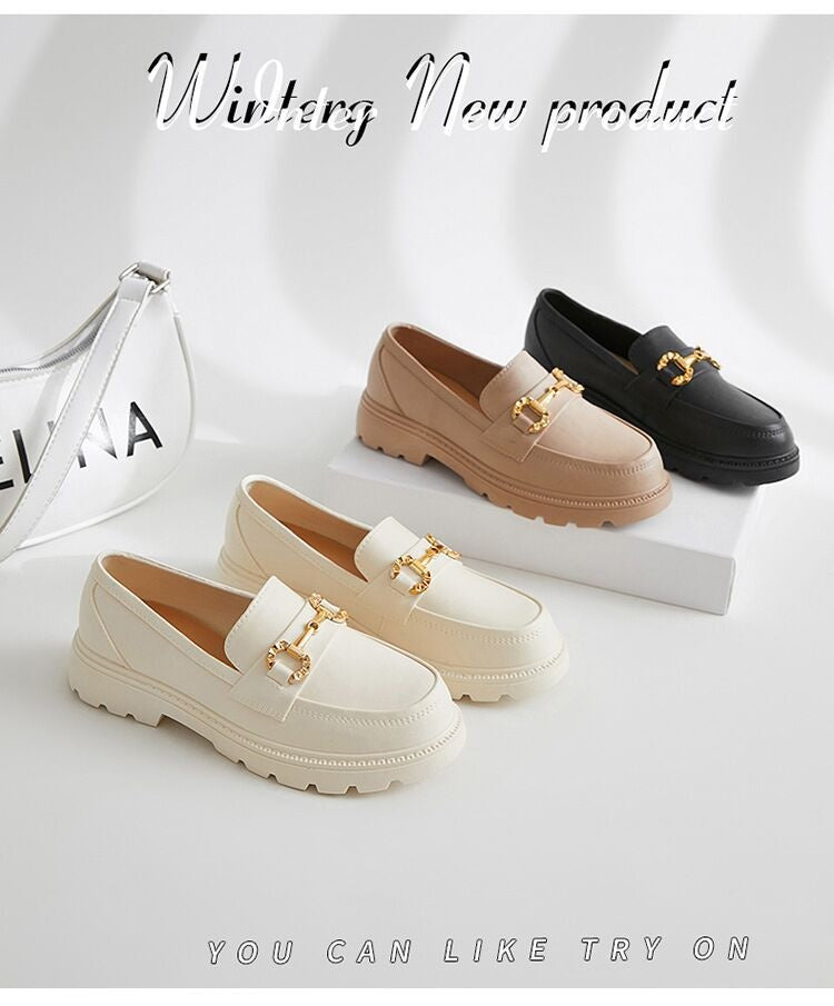 Women's British Style Retro Small Golden Button Round Toe PVC Slip-on Platform Shoes