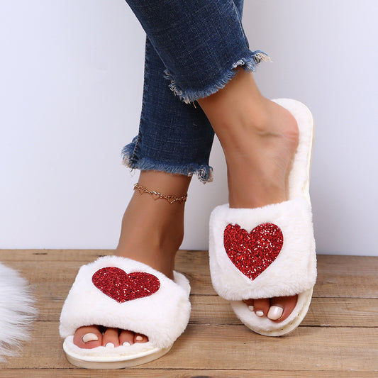 Women's Love Flat Warm Plush Slippers