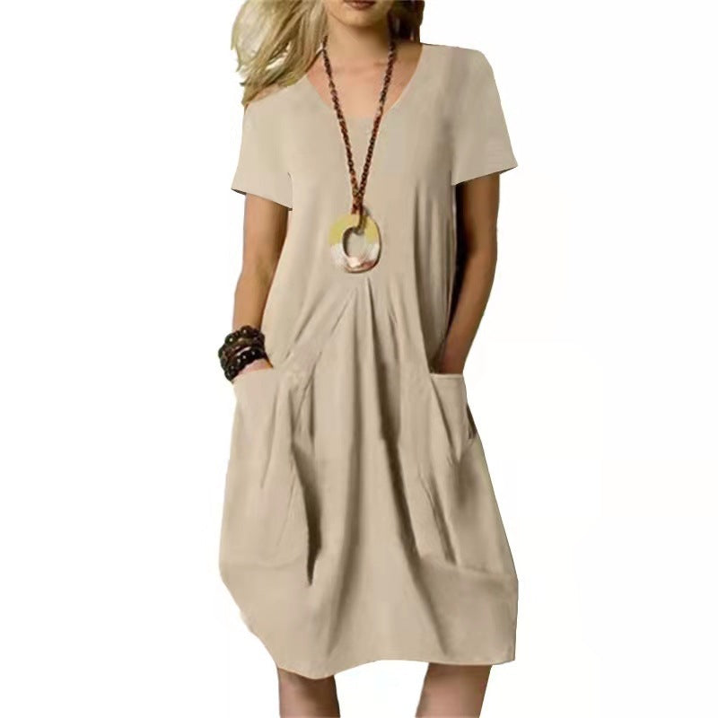 Women's Dress With Pockets Cotton Linen Solid Color Loose Round Neck Short Sleeve Dress Summer