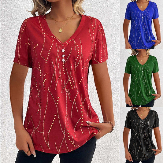 New V-neck Printed Button T-shirt Summer Fashion Leisure Short-sleeved Top Womens Clothing