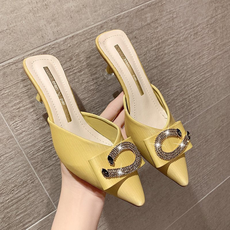 High Heel Pointed Lady Stiletto Sandals With Rhinestones