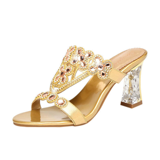 High-heeled Rhinestone Sandals Fashion Block-heeled Diamond Flower Sandals