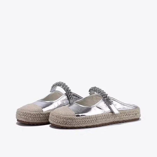 Summer Flat Round Toe Rhinestone Straw Woven Casual Half Slippers