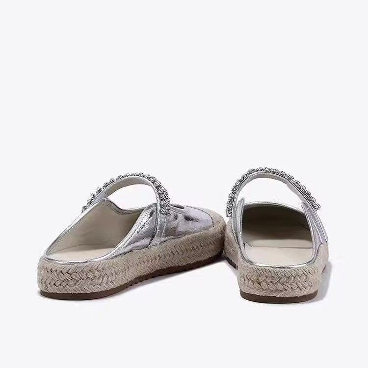 Summer Flat Round Toe Rhinestone Straw Woven Casual Half Slippers