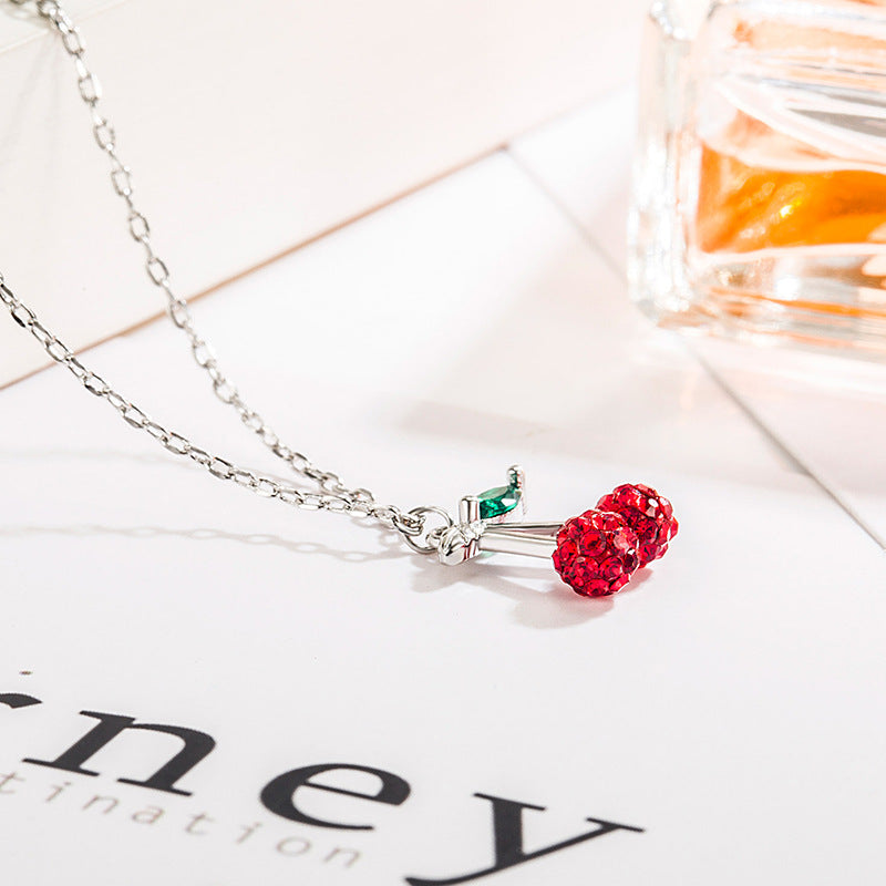 Sweet Cherry Pendant Necklace Mori Style Simple Full Diamond