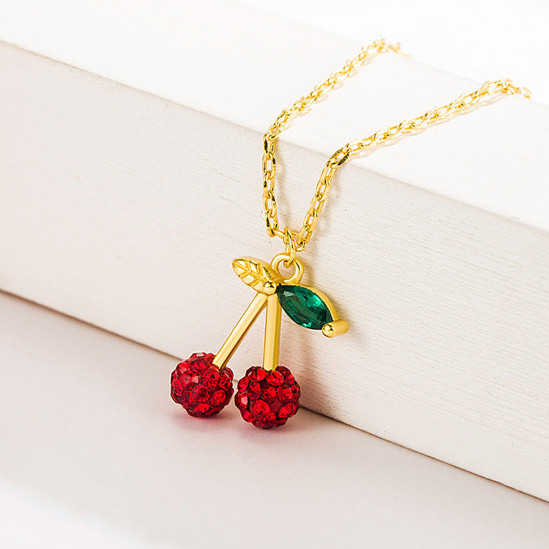 Sweet Cherry Pendant Necklace Mori Style Simple Full Diamond