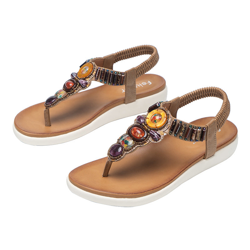 2022 New Year Retro Roman Bohemian Ethnic Style MD Non-slip Beaded All-match Women&#039;s Sandals And Slippers