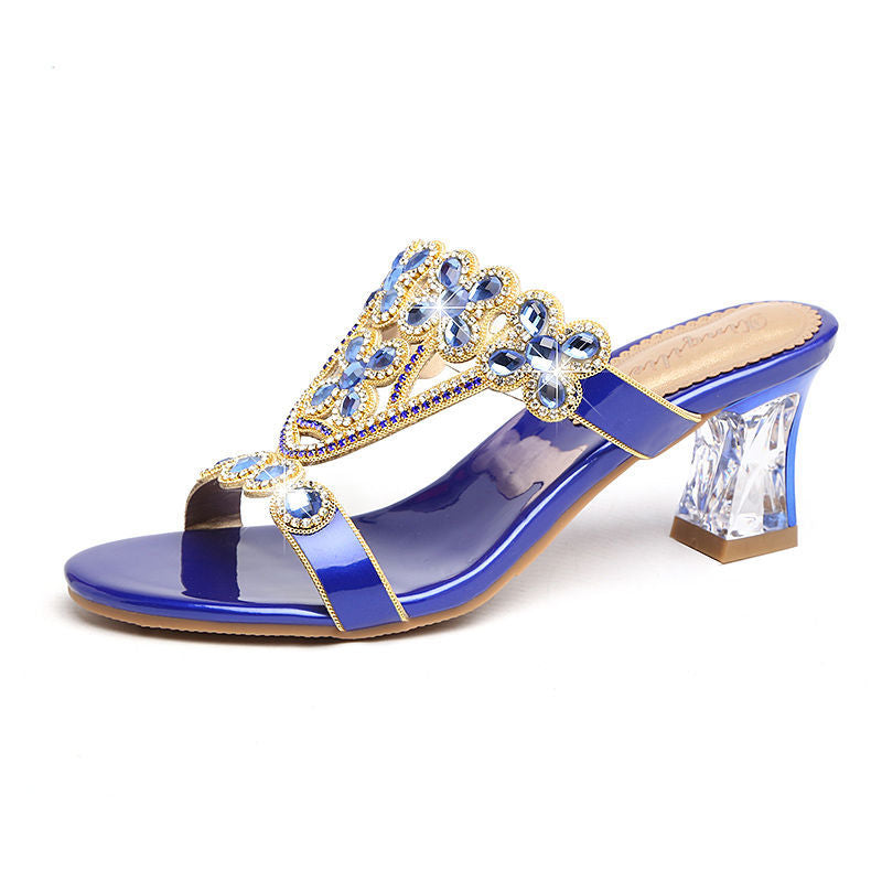 High-heeled Rhinestone Sandals Fashion Block-heeled Diamond Flower Sandals