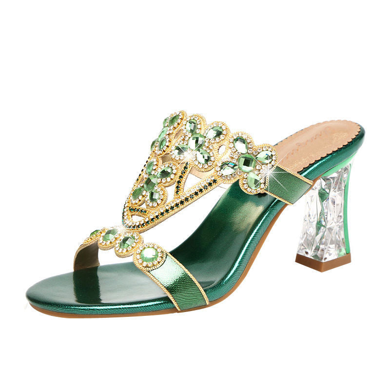 High-heeled Rhinestone Sandals Fashion Block-heeled Diamond Flower Sandals