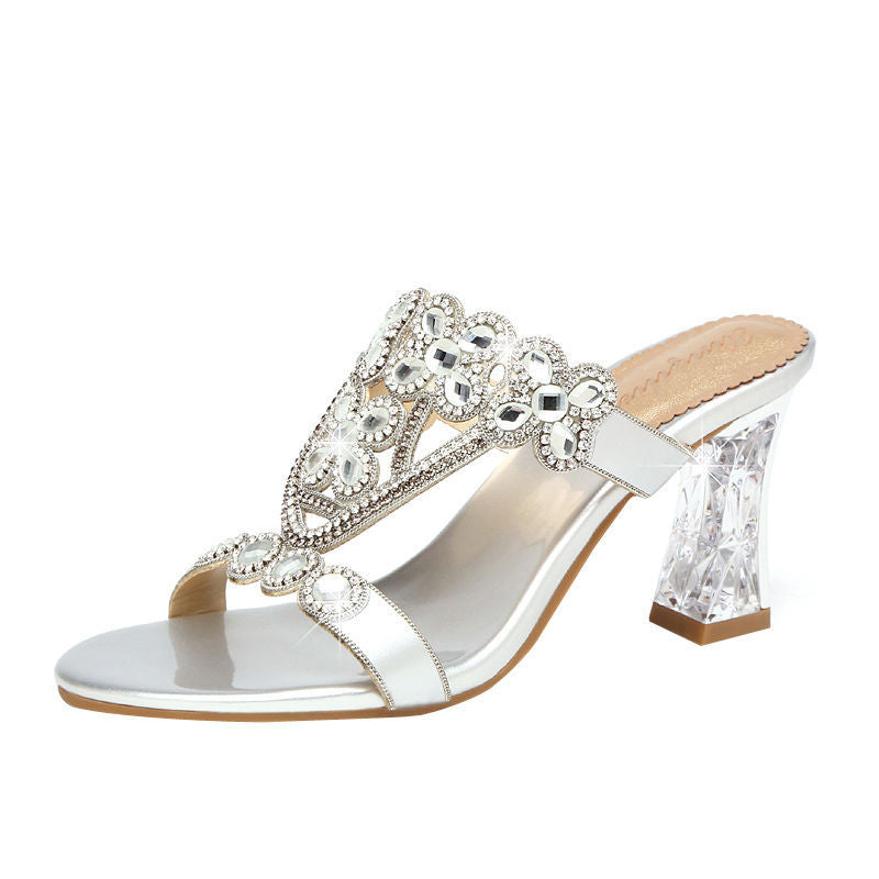 High-heeled Rhinestone Sandals Fashion Block-heeled Diamond Flower Sandals