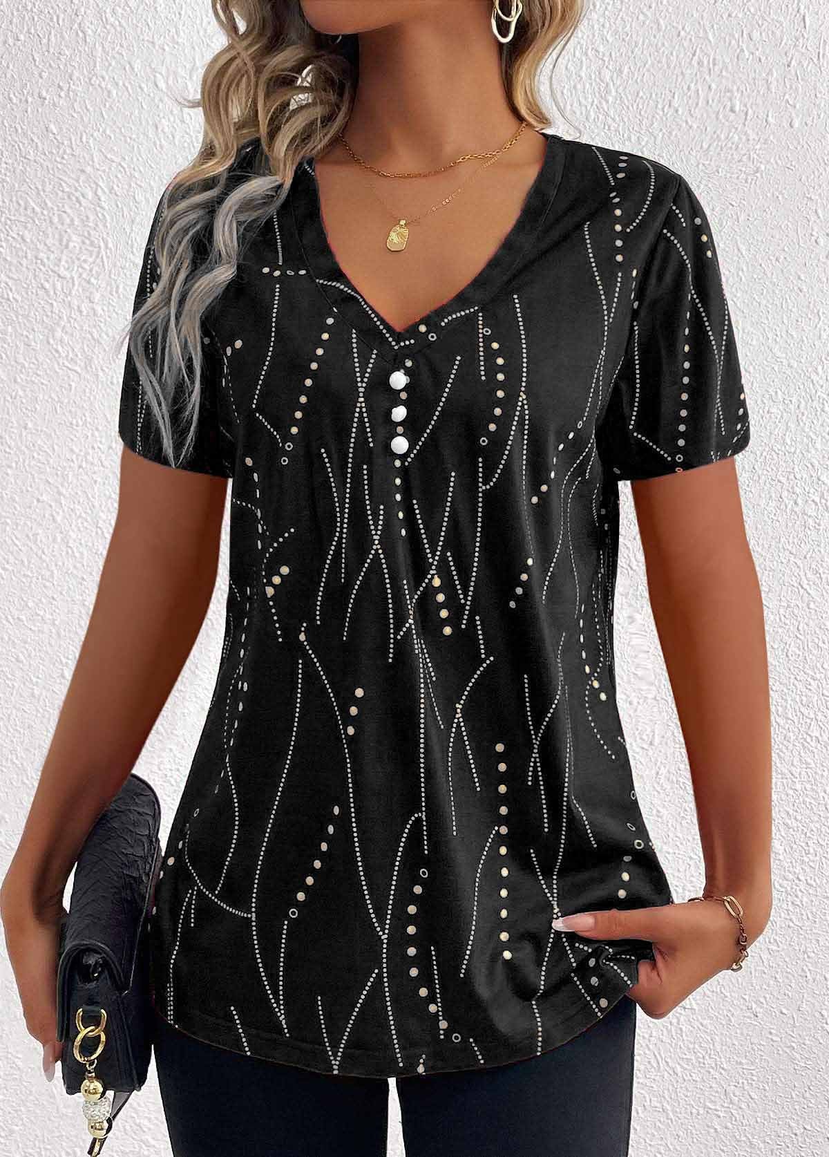 New V-neck Printed Button T-shirt Summer Fashion Leisure Short-sleeved Top Womens Clothing