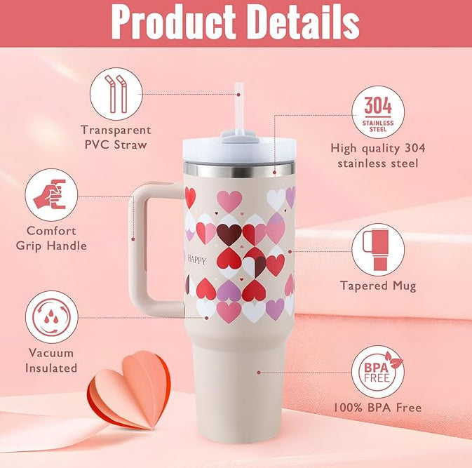 Ochapa 40 Oz Tumbler With Handle Straw Insulated, Stainless Steel Spill Proof Vacuum Coffee Cup Tumbler With Lid Tapered Mug Gifts For Valentine Lover Suitable For Car Office  Coffee Cup