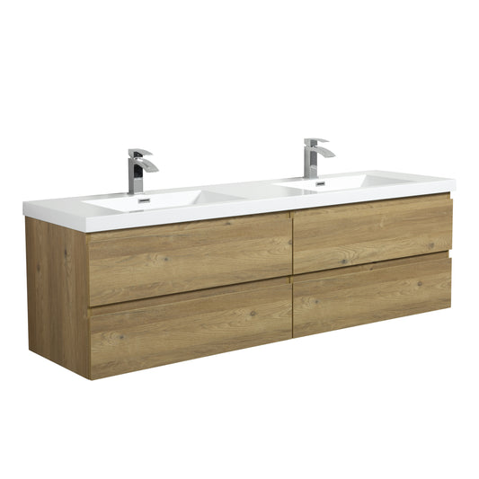 71&#039;&#039; Wall Mounted Double Bathroom Vanity in Natural Wood With White Solid Surface sink