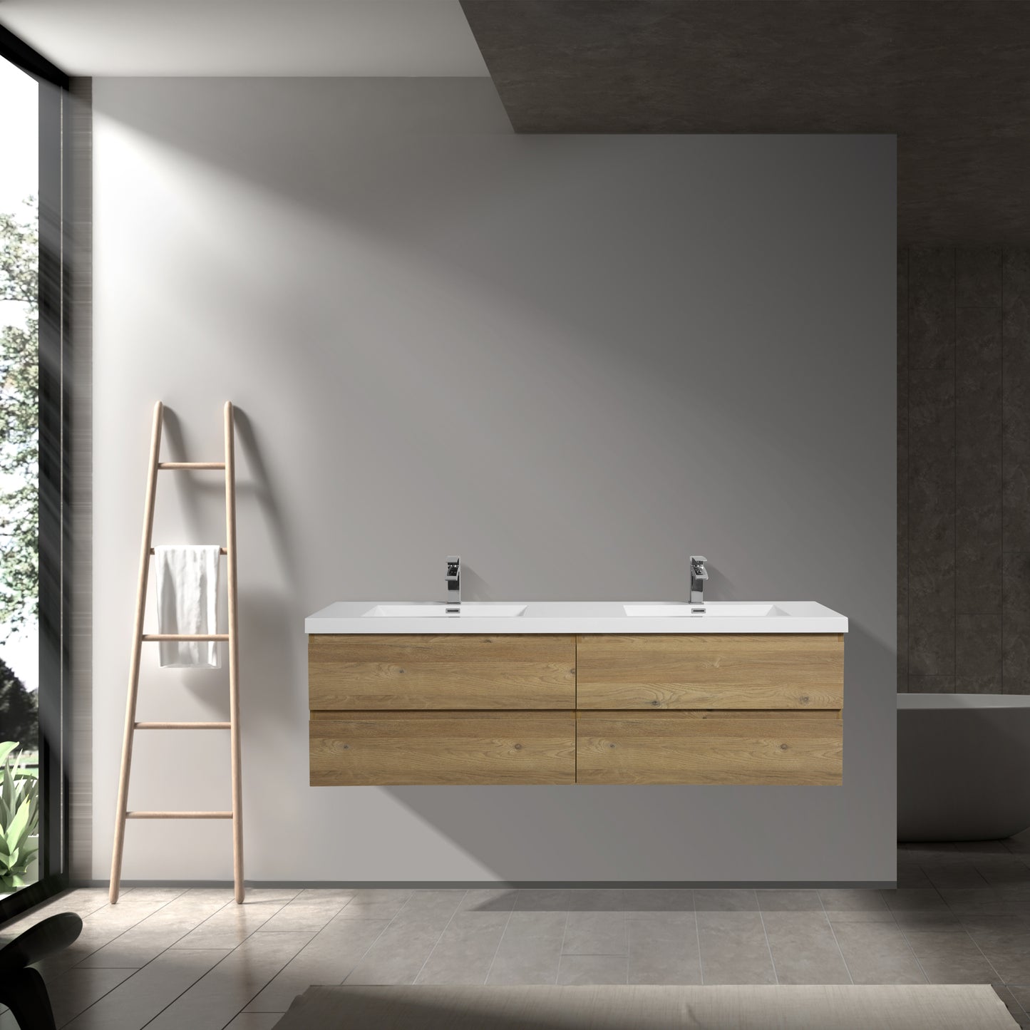 71&#039;&#039; Wall Mounted Double Bathroom Vanity in Natural Wood With White Solid Surface sink
